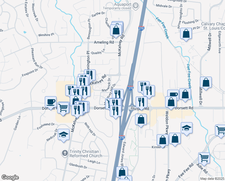 map of restaurants, bars, coffee shops, grocery stores, and more near 2047 McKelvey Hill Drive in Maryland Heights