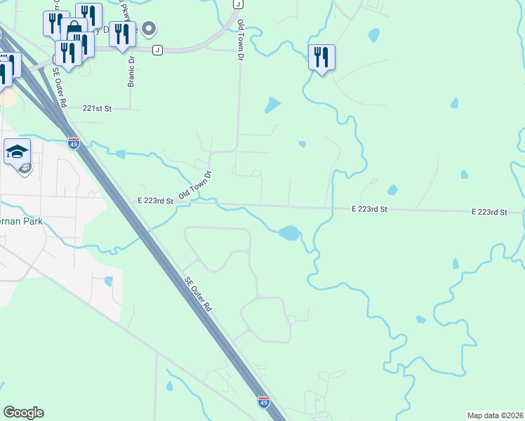 map of restaurants, bars, coffee shops, grocery stores, and more near in Peculiar