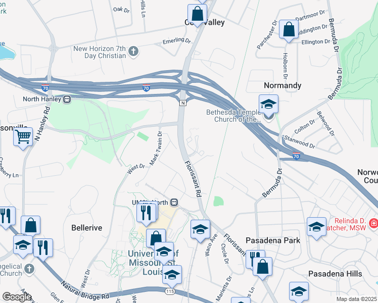 map of restaurants, bars, coffee shops, grocery stores, and more near 8211 Florissant Road in St. Louis