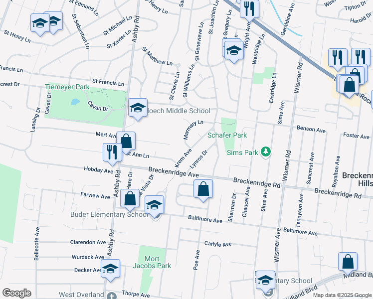 map of restaurants, bars, coffee shops, grocery stores, and more near 3301 Marmary Lane in Saint Ann