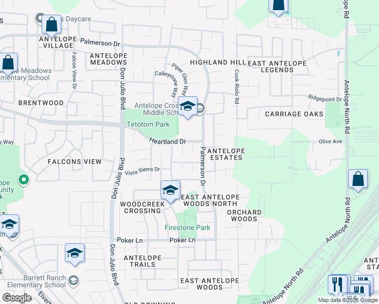map of restaurants, bars, coffee shops, grocery stores, and more near 8109 Legacy Court in Antelope