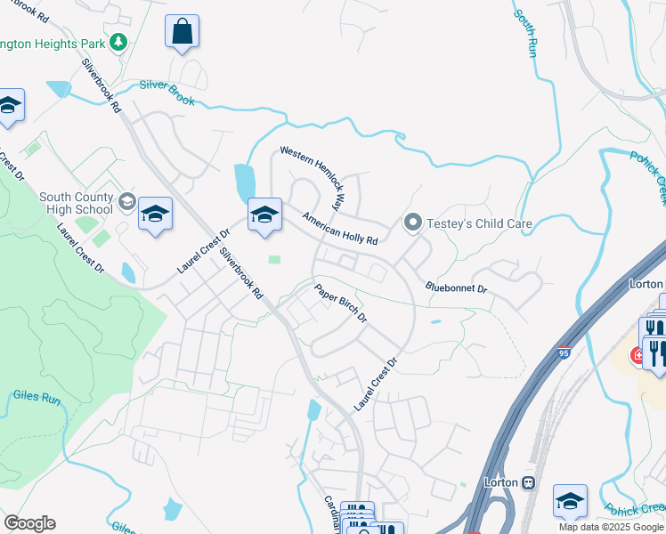 map of restaurants, bars, coffee shops, grocery stores, and more near 8247 Singleleaf Lane in Lorton