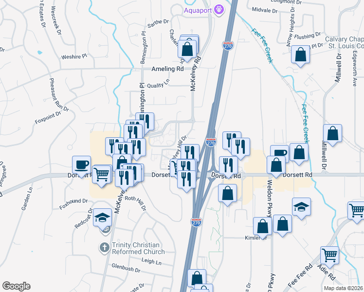 map of restaurants, bars, coffee shops, grocery stores, and more near 2000 McKelvey Hill Drive in Maryland Heights