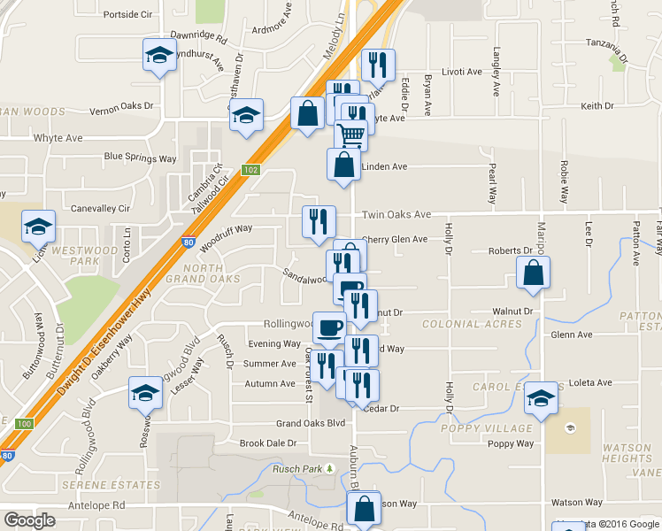 map of restaurants, bars, coffee shops, grocery stores, and more near 8319 Deville Oaks Way in Citrus Heights