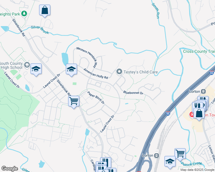 map of restaurants, bars, coffee shops, grocery stores, and more near 8933 Singleleaf Circle in Lorton