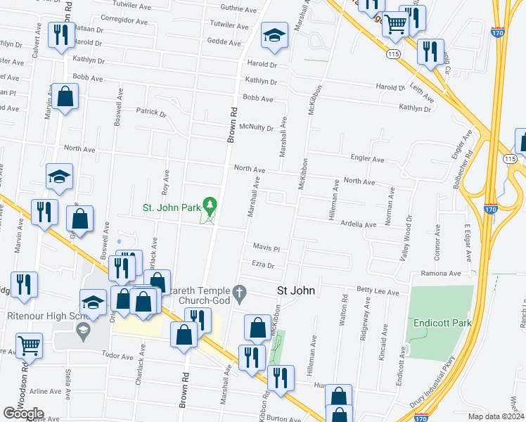 map of restaurants, bars, coffee shops, grocery stores, and more near 3528 Marshall Avenue in St. Louis