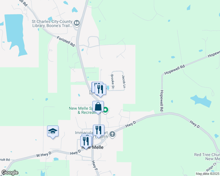 map of restaurants, bars, coffee shops, grocery stores, and more near 4633 Francis Street in Wentzville