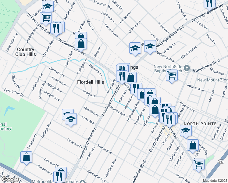 map of restaurants, bars, coffee shops, grocery stores, and more near 5745 Jennings Station Road in St. Louis