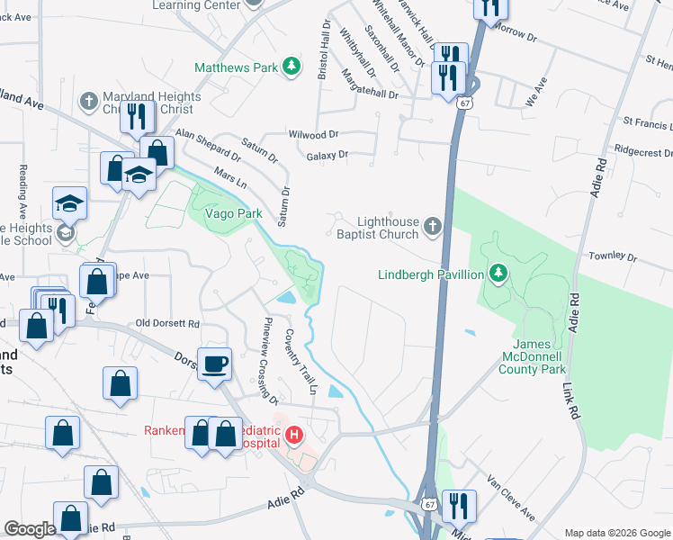 map of restaurants, bars, coffee shops, grocery stores, and more near 49 Grand Circle Drive in Maryland Heights