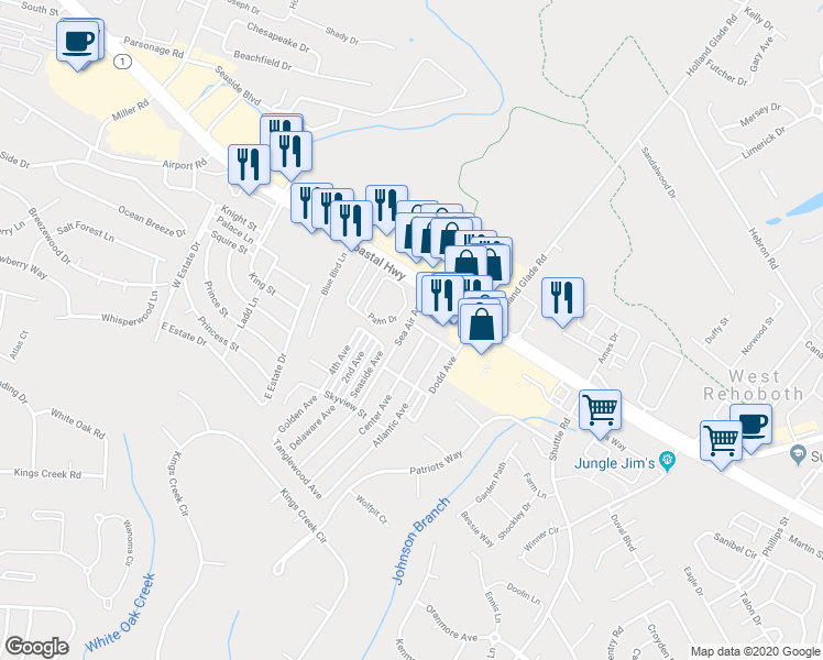 map of restaurants, bars, coffee shops, grocery stores, and more near 19763 Sea Air Avenue in Rehoboth Beach
