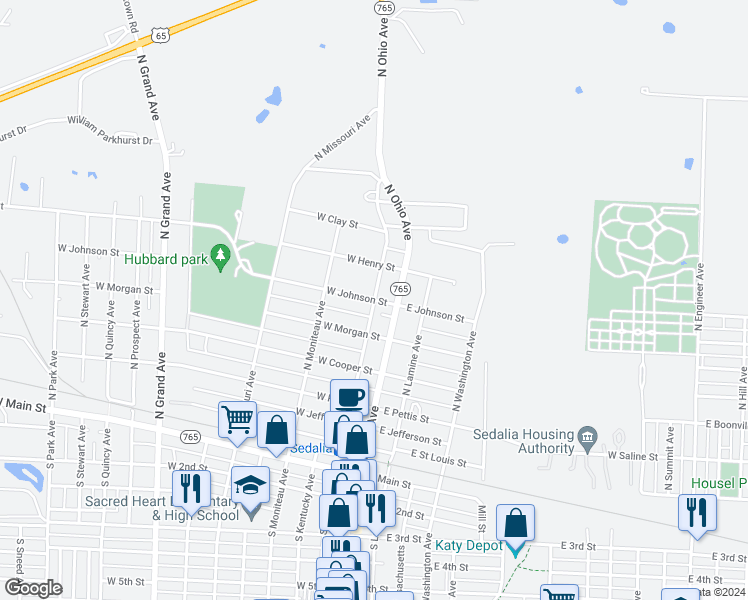 map of restaurants, bars, coffee shops, grocery stores, and more near 701 North Osage Avenue in Sedalia