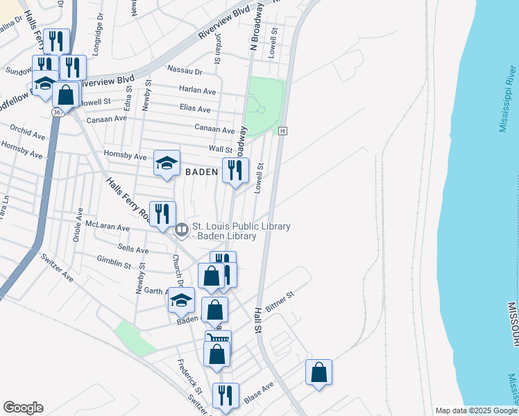 map of restaurants, bars, coffee shops, grocery stores, and more near 8422 Lowell Street in St. Louis