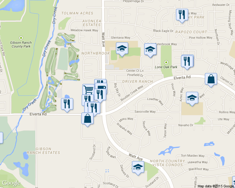 map of restaurants, bars, coffee shops, grocery stores, and more near 3126 Black Saddle Drive in Antelope