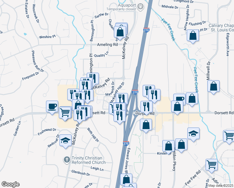map of restaurants, bars, coffee shops, grocery stores, and more near 2000 McKelvey Hill Drive in Maryland Heights