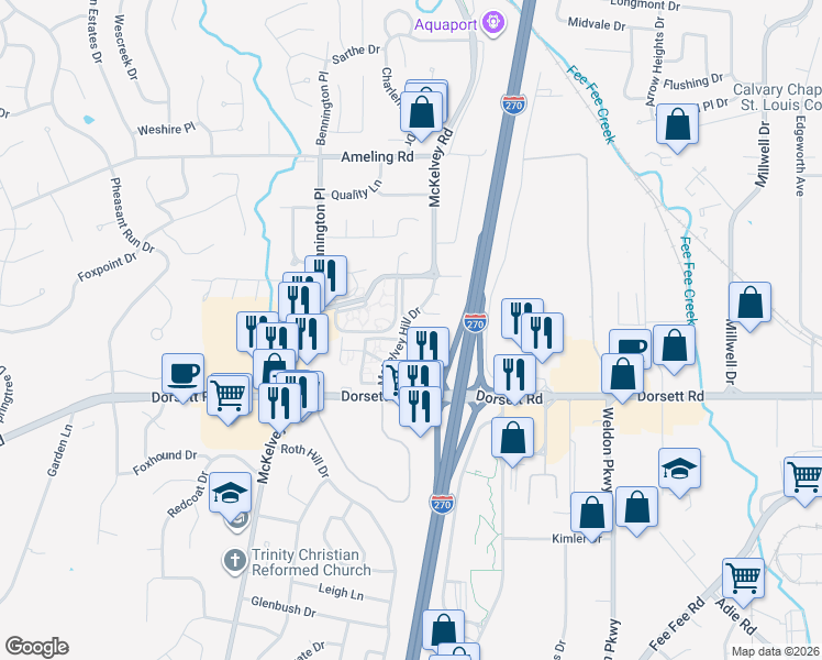map of restaurants, bars, coffee shops, grocery stores, and more near 2000 McKelvey Hill Drive in Maryland Heights