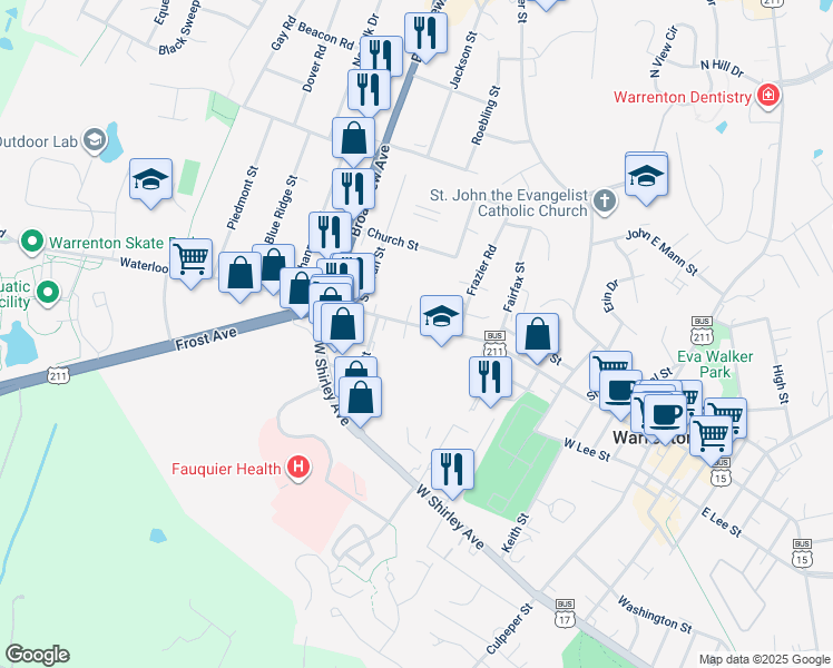 map of restaurants, bars, coffee shops, grocery stores, and more near 286 Waterloo Street in Warrenton