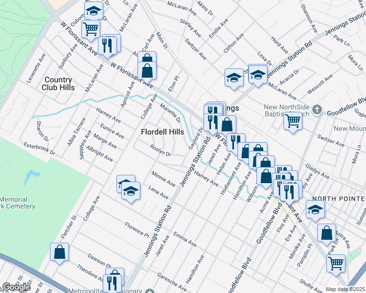 map of restaurants, bars, coffee shops, grocery stores, and more near 7026 Manette Dr in St Louis