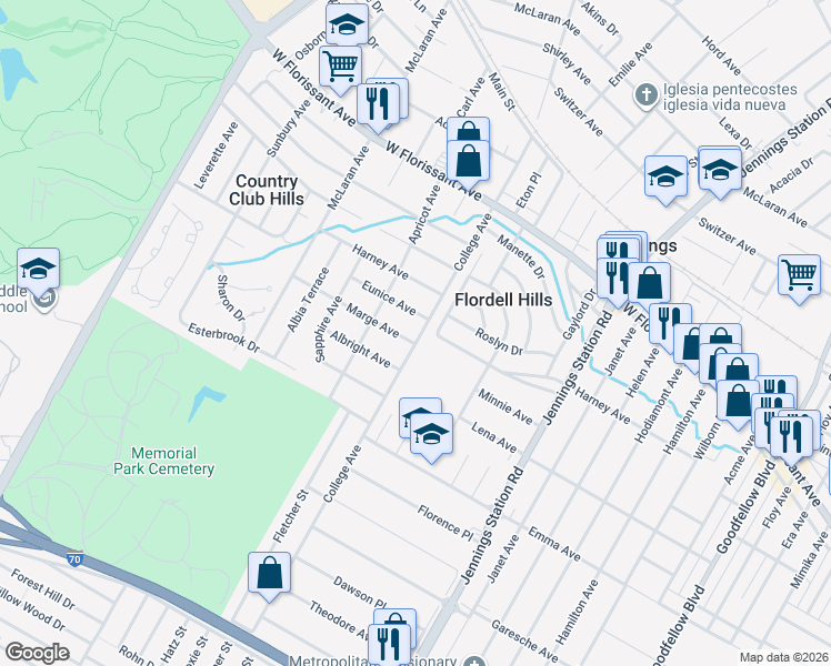 map of restaurants, bars, coffee shops, grocery stores, and more near 5601 Beldon Drive in St. Louis