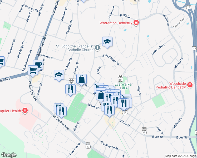 map of restaurants, bars, coffee shops, grocery stores, and more near 111 Winchester Street in Warrenton