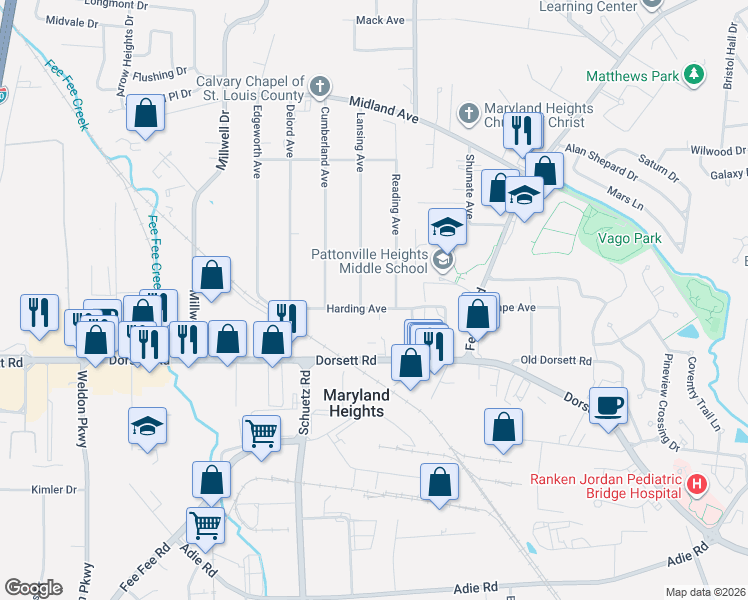 map of restaurants, bars, coffee shops, grocery stores, and more near 209 Harding Ave in Maryland Heights