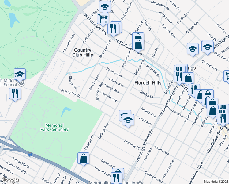 map of restaurants, bars, coffee shops, grocery stores, and more near 7212 Marge Avenue in Jennings