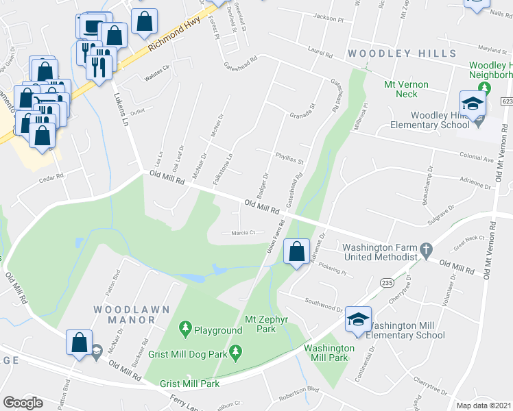 map of restaurants, bars, coffee shops, grocery stores, and more near 4498 Old Mill Road in Alexandria