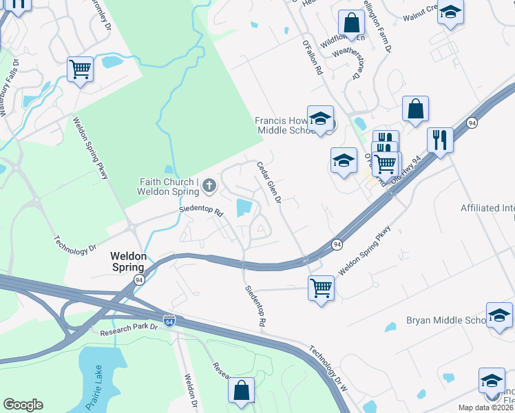 map of restaurants, bars, coffee shops, grocery stores, and more near 704 Hemingway Lane in Weldon Spring
