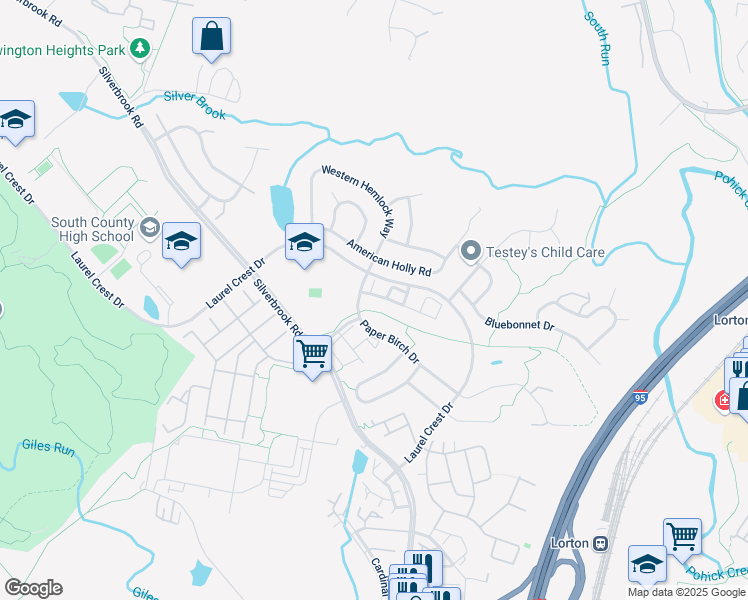 map of restaurants, bars, coffee shops, grocery stores, and more near 8255 Singleleaf Lane in Lorton