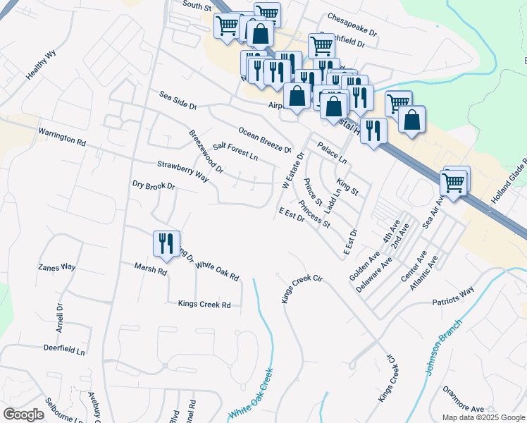 map of restaurants, bars, coffee shops, grocery stores, and more near 124 Whisperwood Lane in Rehoboth Beach