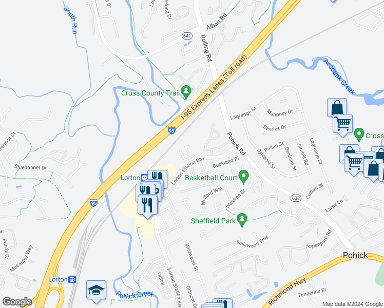 map of restaurants, bars, coffee shops, grocery stores, and more near 8939 Milford Haven Court in Lorton
