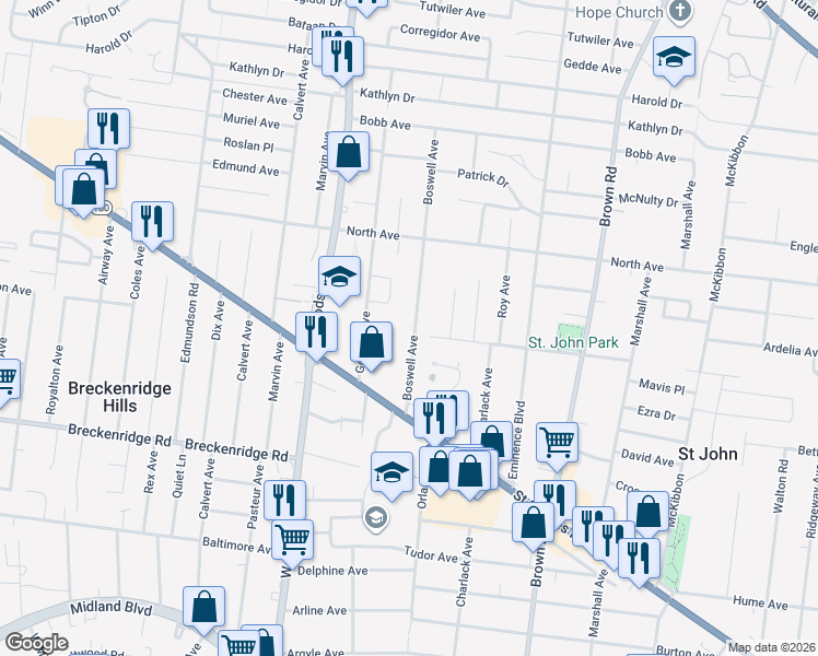 map of restaurants, bars, coffee shops, grocery stores, and more near 3545 Boswell Avenue in St. Louis