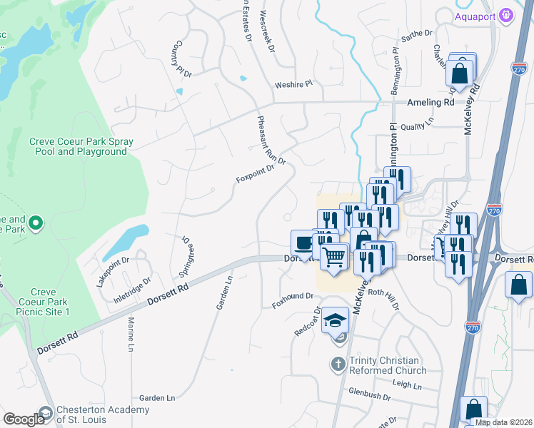 map of restaurants, bars, coffee shops, grocery stores, and more near 2028 Pheasant Run Drive in Maryland Heights