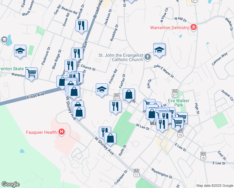 map of restaurants, bars, coffee shops, grocery stores, and more near 197 Waterloo Street in Warrenton