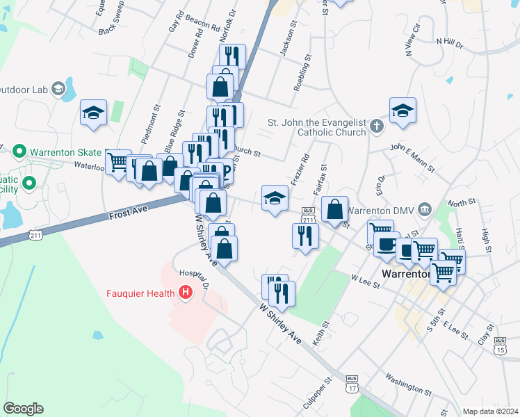 map of restaurants, bars, coffee shops, grocery stores, and more near 286 Waterloo Street in Warrenton