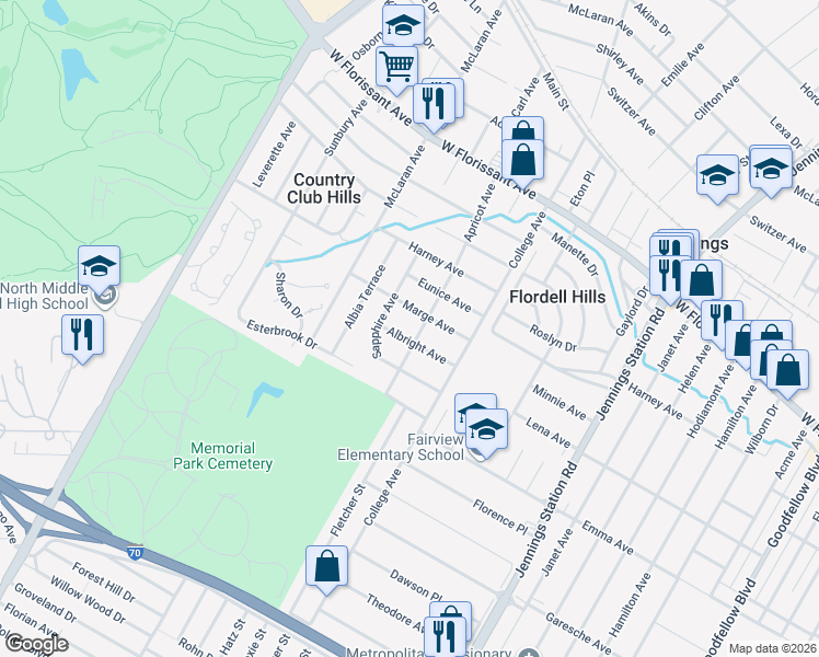 map of restaurants, bars, coffee shops, grocery stores, and more near 7307 Albright Avenue in Jennings