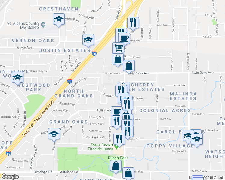 map of restaurants, bars, coffee shops, grocery stores, and more near 8319 Deville Oaks Way in Citrus Heights