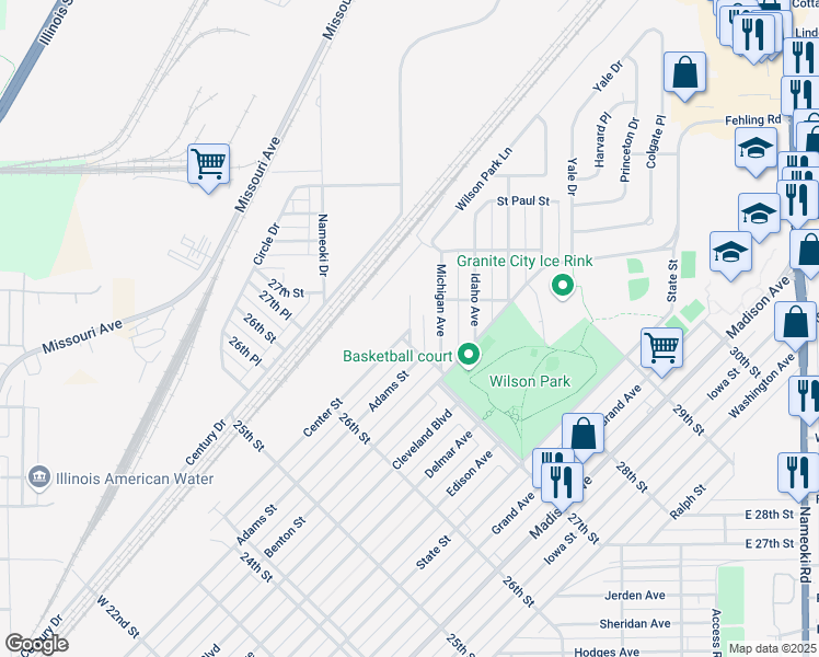 map of restaurants, bars, coffee shops, grocery stores, and more near 2681 Center Street in Granite City