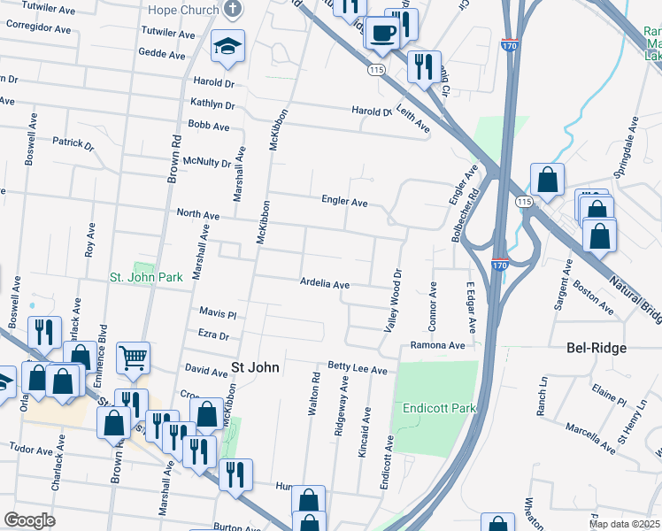 map of restaurants, bars, coffee shops, grocery stores, and more near 8612 Moran Place in St. Louis