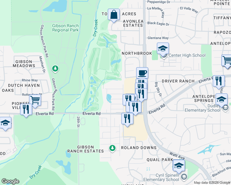 map of restaurants, bars, coffee shops, grocery stores, and more near 2879 Cauthen Way in Antelope