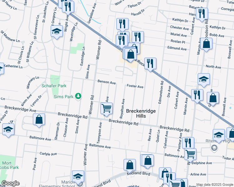 map of restaurants, bars, coffee shops, grocery stores, and more near 3316 West Milton Avenue in Breckenridge Hills