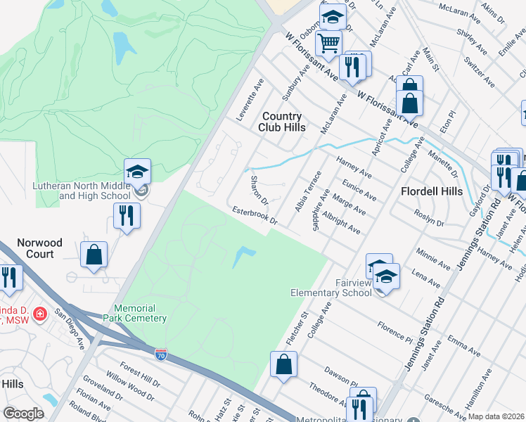 map of restaurants, bars, coffee shops, grocery stores, and more near 7409 Esterbrook Drive in St. Louis