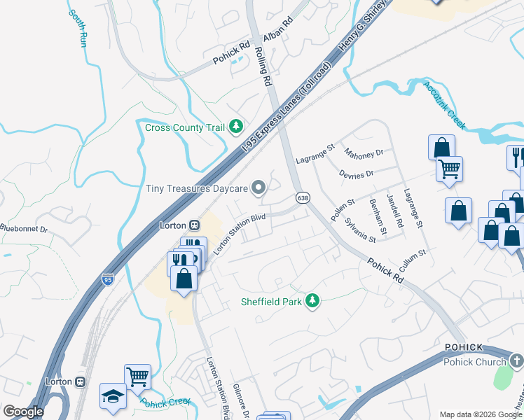 map of restaurants, bars, coffee shops, grocery stores, and more near 7681 Henry Knox Drive in Lorton