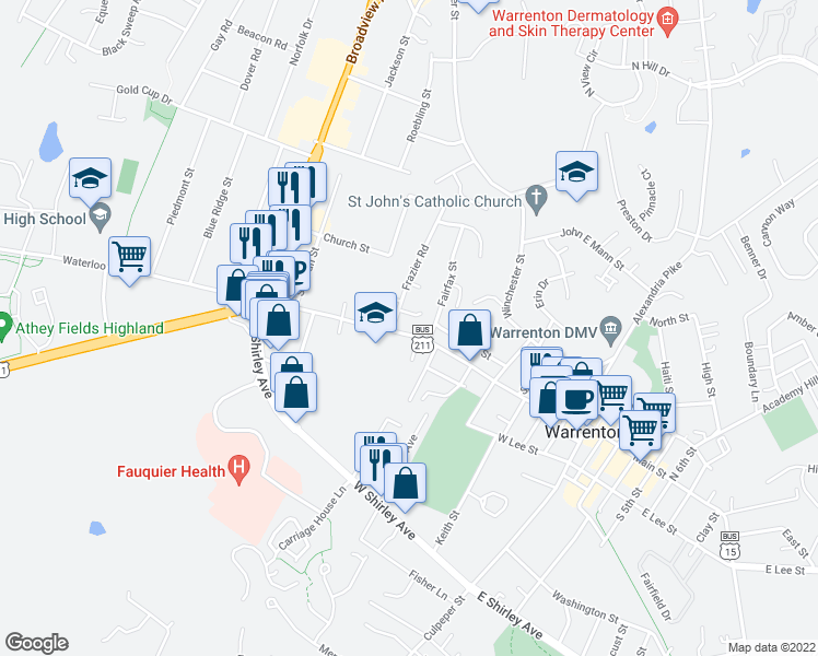 map of restaurants, bars, coffee shops, grocery stores, and more near 219 Waterloo Street in Warrenton