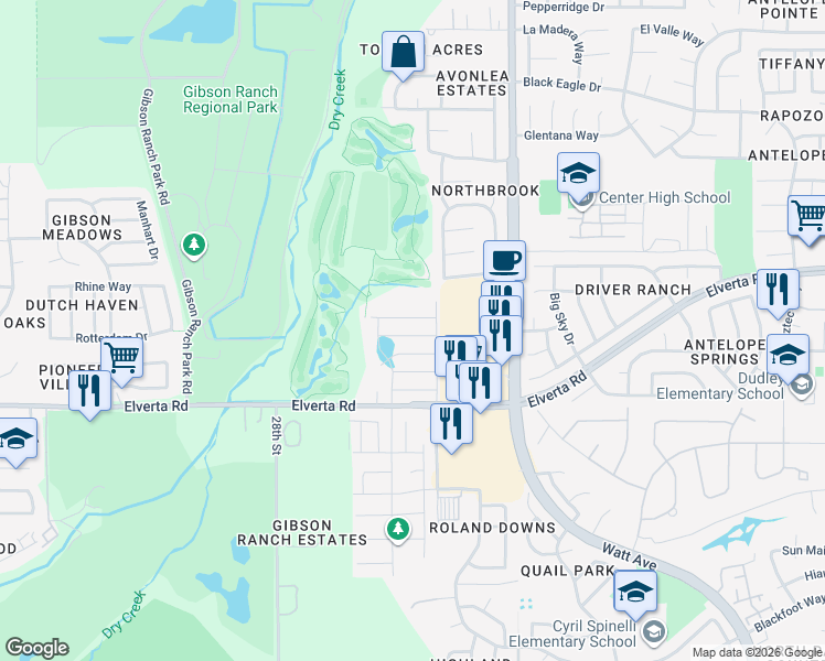map of restaurants, bars, coffee shops, grocery stores, and more near 2879 Cauthen Way in Antelope