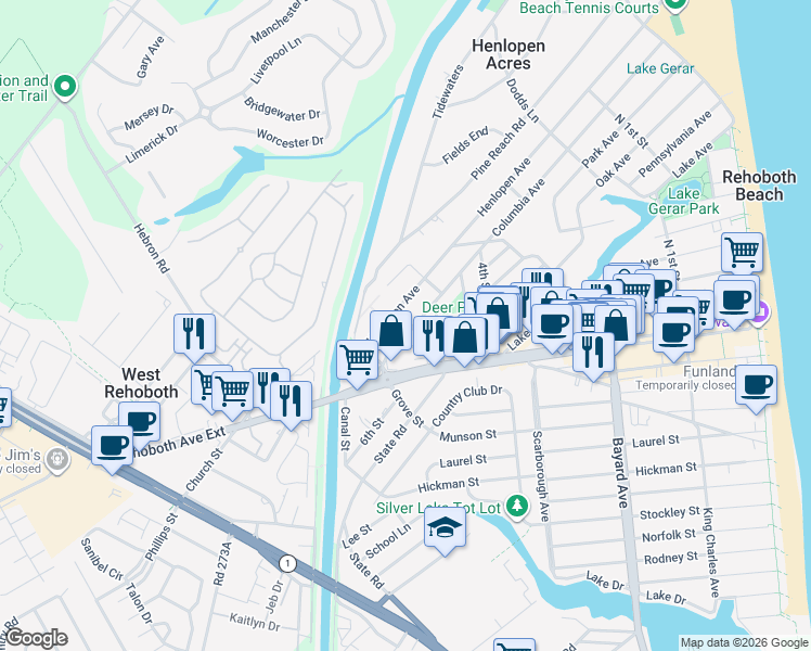 map of restaurants, bars, coffee shops, grocery stores, and more near 169 Felton Street in Rehoboth Beach