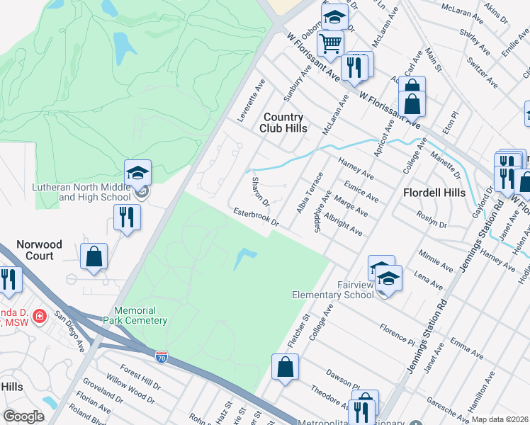 map of restaurants, bars, coffee shops, grocery stores, and more near 7409 Esterbrook Drive in St. Louis
