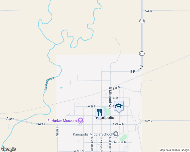 map of restaurants, bars, coffee shops, grocery stores, and more near 616 North Kansas Avenue in Kanopolis
