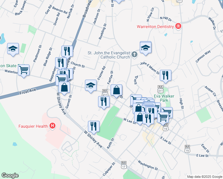 map of restaurants, bars, coffee shops, grocery stores, and more near 177 Gaines Street in Warrenton
