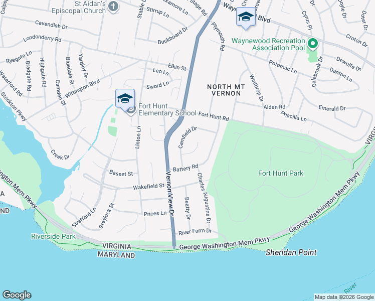 map of restaurants, bars, coffee shops, grocery stores, and more near 8838 Camfield Court in Alexandria