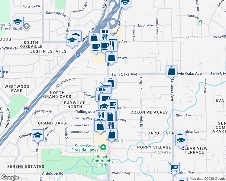 map of restaurants, bars, coffee shops, grocery stores, and more near 8300 Auburn Boulevard in Citrus Heights